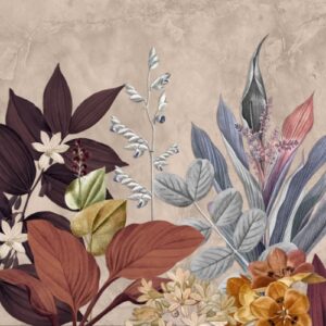 Warm terracotta and tan botanical wallpaper mural with exotic flowers and leaves.