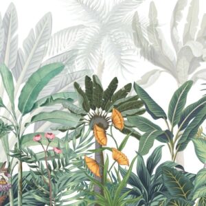 Light and airy tropical plant illustration mural with palm fronds on a bright background.