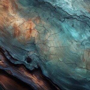 Abstract fluid art mural with deep teal, copper, and dark stone marble textures.