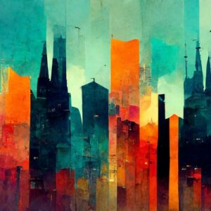 Bold abstract city skyline wallpaper mural with colorful geometric architectural shapes in teal and orange.