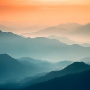 Serene teal mountain range mural with a soft orange morning mist for a bedroom feature wall.
