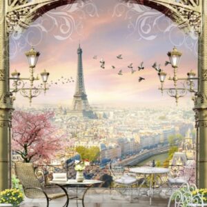Luxury Paris balcony view wallpaper mural overlooking the Eiffel Tower with classic terrace furniture.