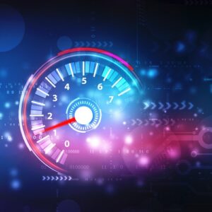 Abstract digital wallpaper featuring a glowing blue and purple speedometer with binary code, circuit patterns, and motion arrows on a dark background.